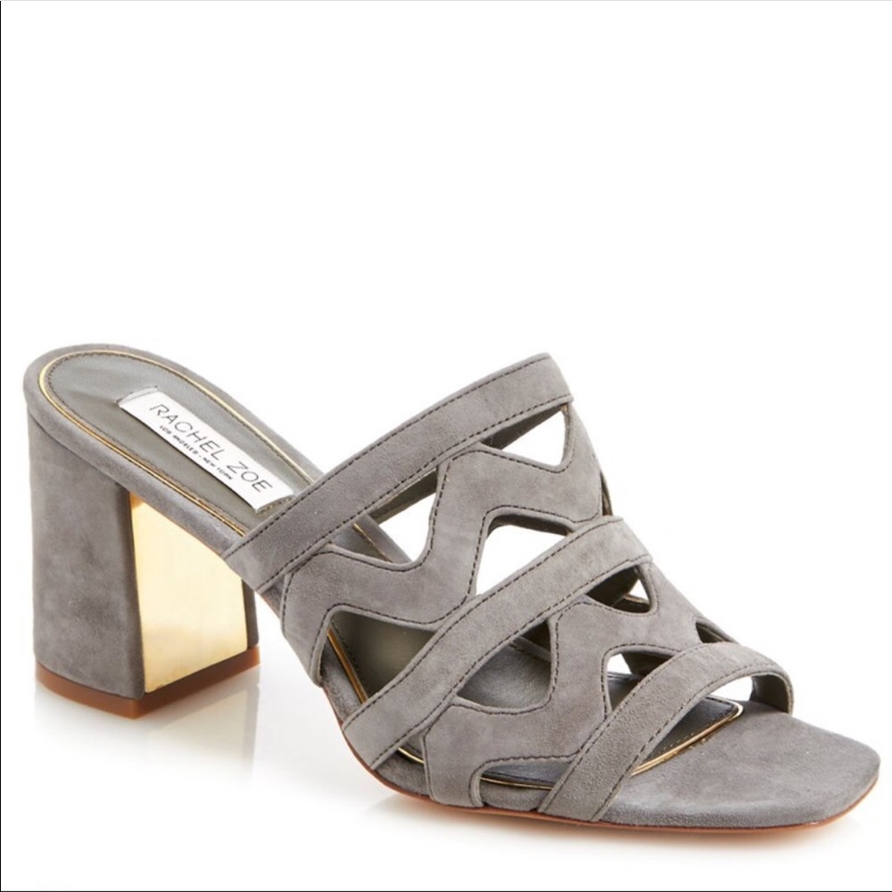 Rachel Zoe Genieva Grey Suede Gold Mirrored Mules